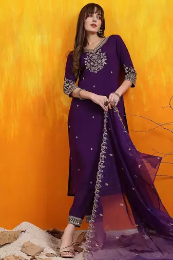 floral embroidered chanderi cotton v-neck straight kurta with trousers and dupatta