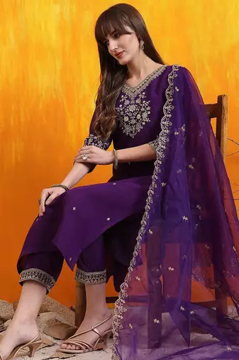 floral embroidered chanderi cotton v-neck straight kurta with trousers and dupatta