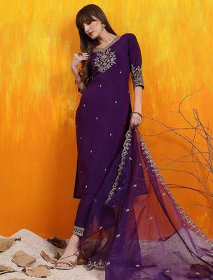 floral embroidered chanderi cotton v-neck straight kurta with trousers and dupatta 6