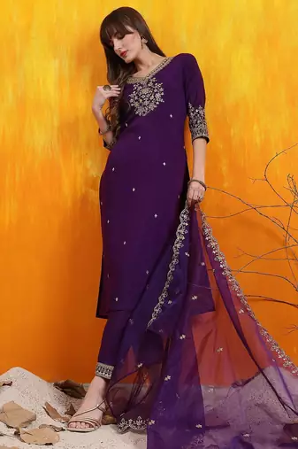floral embroidered chanderi cotton v-neck straight kurta with trousers and dupatta