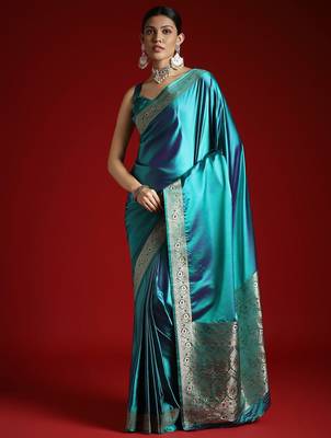 Turquoise zari satin banarasi saree 1