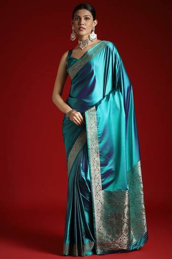 Turquoise zari satin banarasi saree
