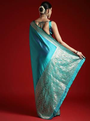 Turquoise zari satin banarasi saree 2