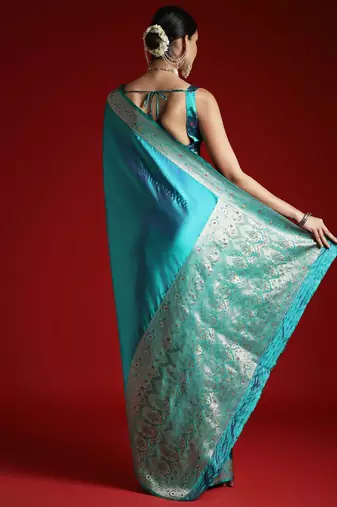 Turquoise zari satin banarasi saree