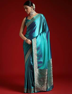Turquoise zari satin banarasi saree 3