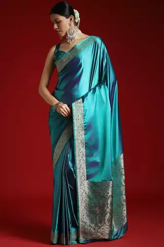 Turquoise zari satin banarasi saree