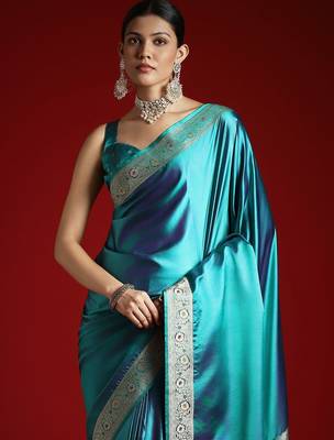 Turquoise zari satin banarasi saree 4
