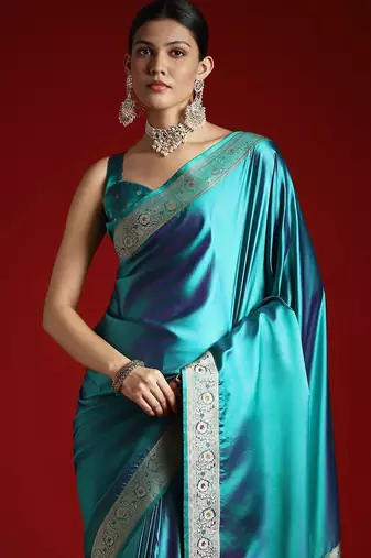 Turquoise zari satin banarasi saree