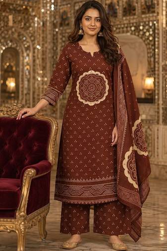 women ethnic motifs printed regular  cotton kurta with palazzos & with dupatta