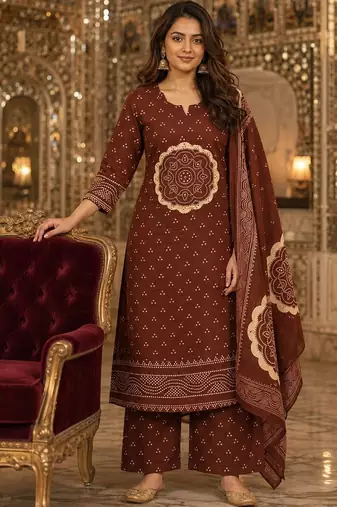 women ethnic motifs printed regular  cotton kurta with palazzos & with dupatta