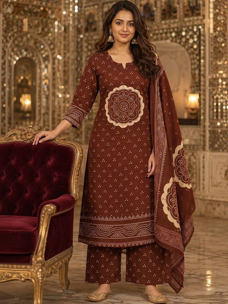 women ethnic motifs printed regular  cotton kurta with palazzos & with dupatta