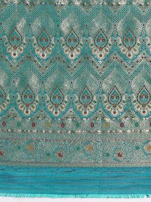 Turquoise zari satin banarasi saree 5