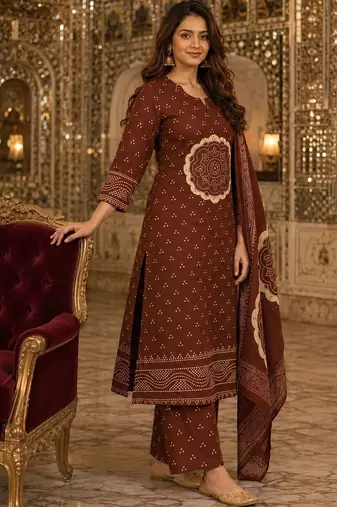 women ethnic motifs printed regular  cotton kurta with palazzos & with dupatta