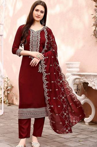 women ethnic motifs embroidered regular thread work kurta with trousers & with dupatta