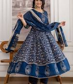 women ethnic motifs printed angrakha  cotton kurta with trousers & with dupatta