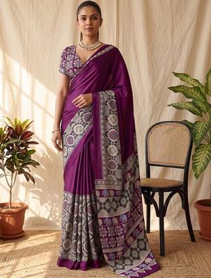 Purple ajrak block satin designer block print saree 1