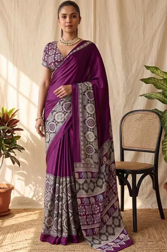 Purple ajrak block satin designer block print saree