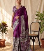 Purple ajrak block satin designer block print saree