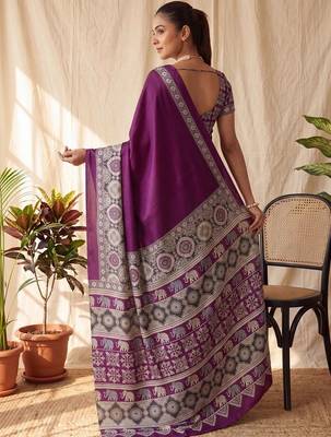 Purple ajrak block satin designer block print saree 2