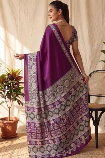 Purple ajrak block satin designer block print saree