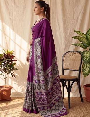 Purple ajrak block satin designer block print saree 3