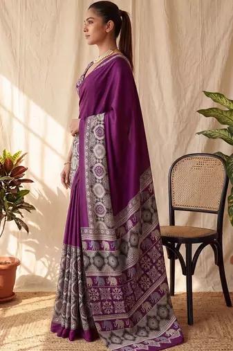 Purple ajrak block satin designer block print saree