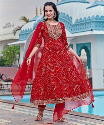 bandhani printed zari round neck a-line kurta with trousers & dupatta 1