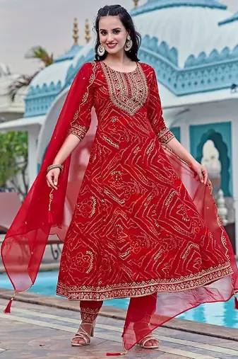 bandhani printed zari round neck a-line kurta with trousers & dupatta