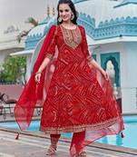 bandhani printed zari round neck a-line kurta with trousers & dupatta