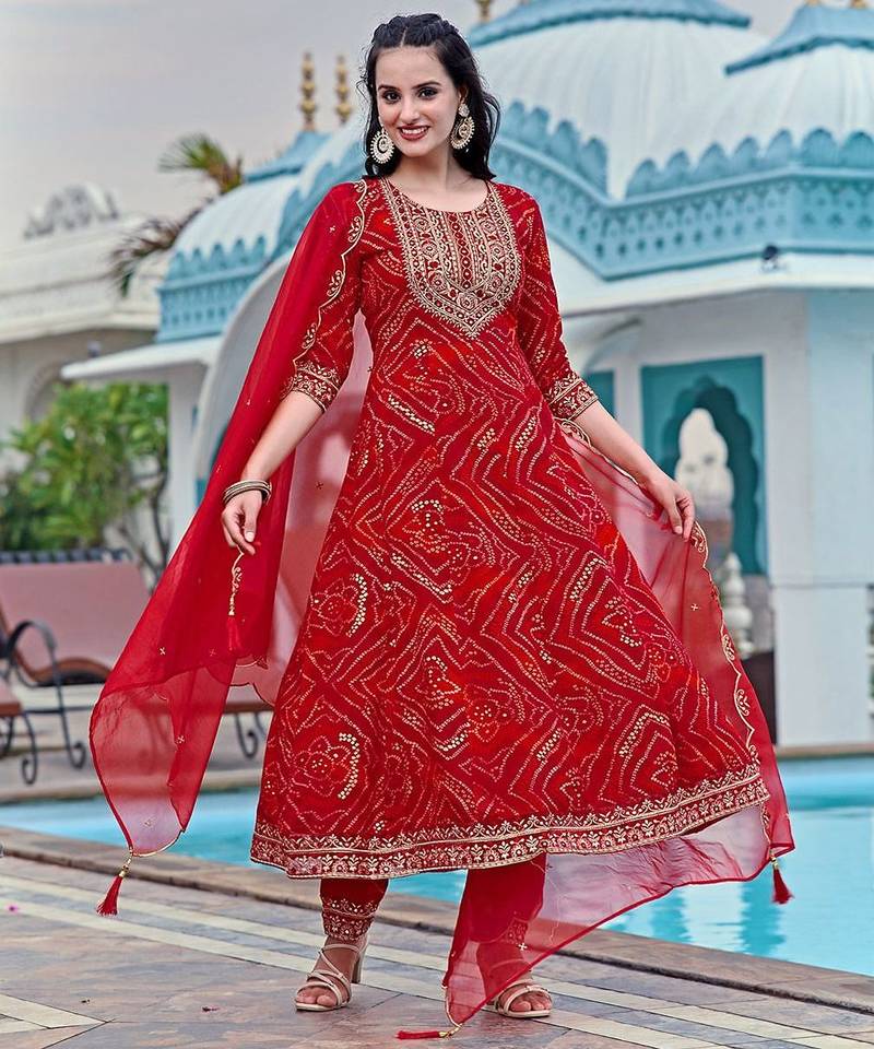 bandhani printed zari round neck a-line kurta with trousers & dupatta