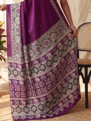 Purple ajrak block satin designer block print saree 5