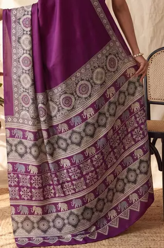 Purple ajrak block satin designer block print saree