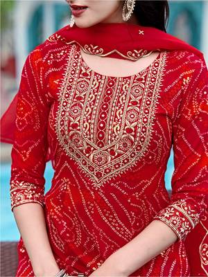 bandhani printed zari round neck a-line kurta with trousers & dupatta 2