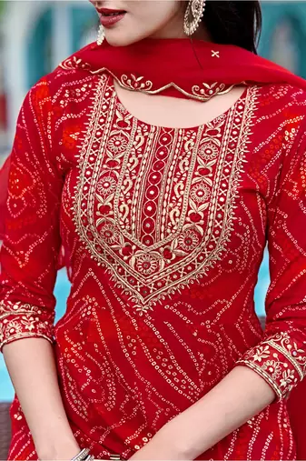 bandhani printed zari round neck a-line kurta with trousers & dupatta