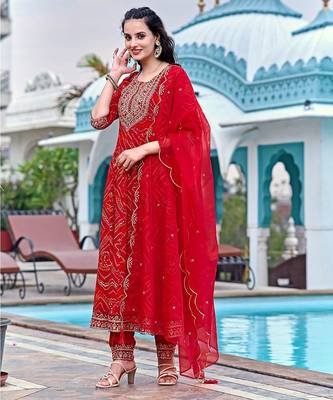 bandhani printed zari round neck a-line kurta with trousers & dupatta 3