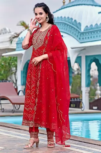 bandhani printed zari round neck a-line kurta with trousers & dupatta