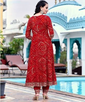 bandhani printed zari round neck a-line kurta with trousers & dupatta 4