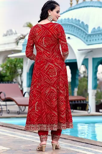 bandhani printed zari round neck a-line kurta with trousers & dupatta