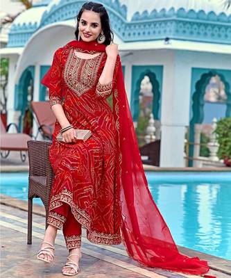 bandhani printed zari round neck a-line kurta with trousers & dupatta 5