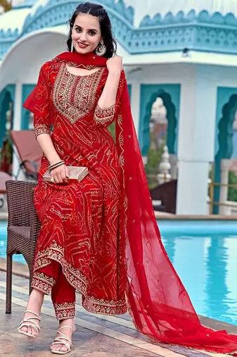 bandhani printed zari round neck a-line kurta with trousers & dupatta
