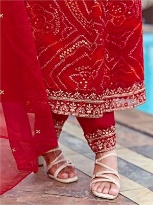 bandhani printed zari round neck a-line kurta with trousers & dupatta 6