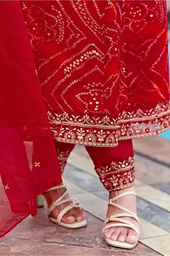 bandhani printed zari round neck a-line kurta with trousers & dupatta