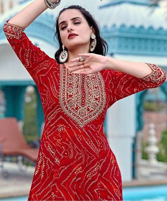 bandhani printed zari round neck a-line kurta with trousers & dupatta 7