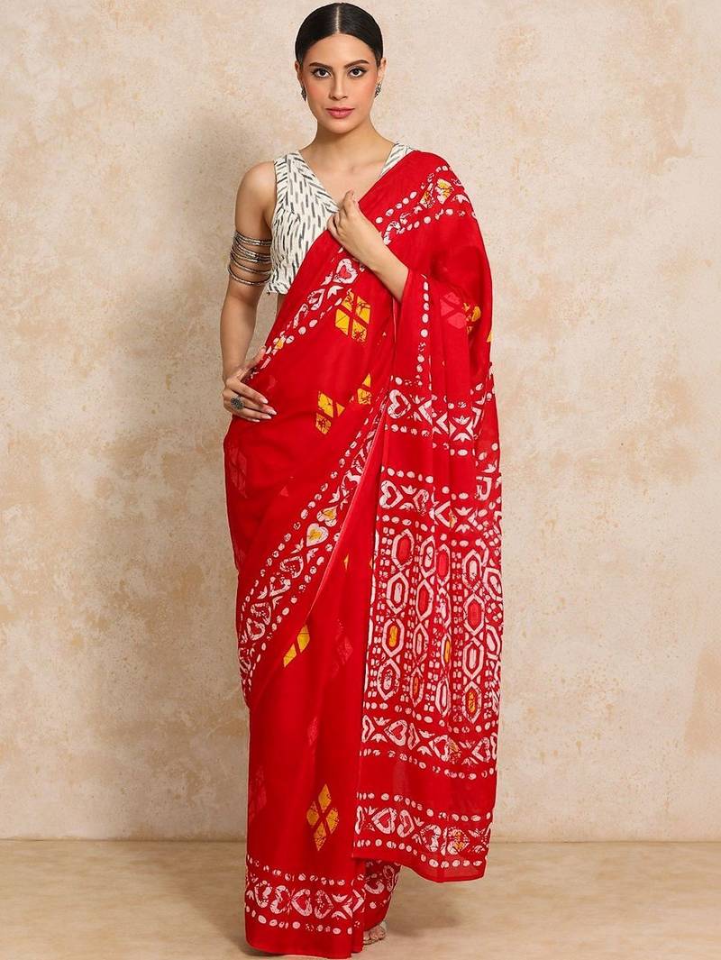 Red batik  cotton saree with blouse