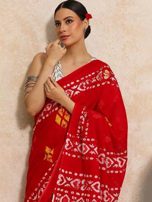 Red batik  cotton saree with blouse 2