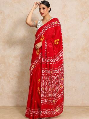 Red batik  cotton saree with blouse 3
