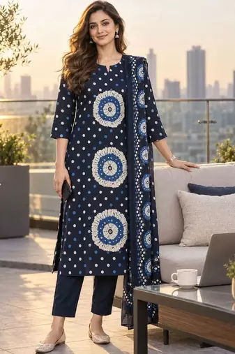 women ethnic printed regular  cotton kurta with trousers with dupatta