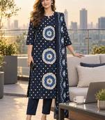 women ethnic printed regular  cotton kurta with trousers with dupatta