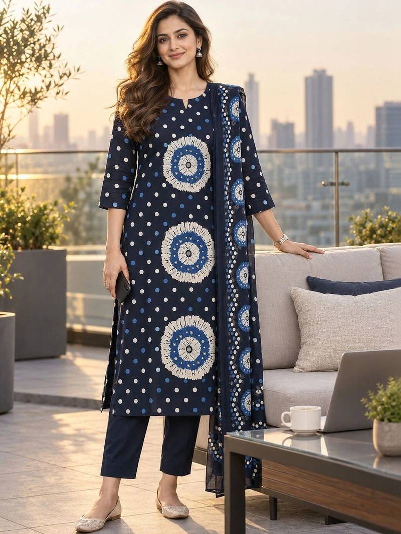 women ethnic printed regular  cotton kurta with trousers with dupatta