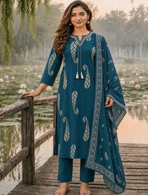 women ethnic motifs printed regular thread work  cotton kurta with trousers & with dupatta 1